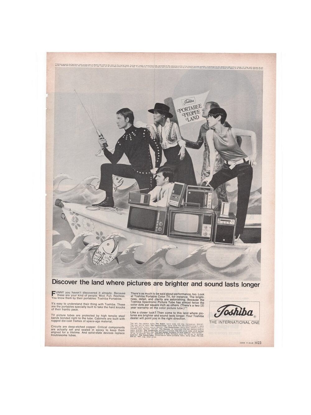 Toshiba Electronics Magazine Advertisement B&W Vintage 1968 Radio Television